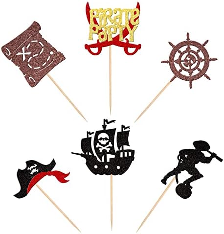 24 PCS Pirate Cupcake Toppers Glitter Rudder Nautical Sailing Cupcake Picks Treasure Map Pirate Captain Skull Cap Cake Decorations for Pirate Theme Baby Shower Kids Birthday Party Supplies