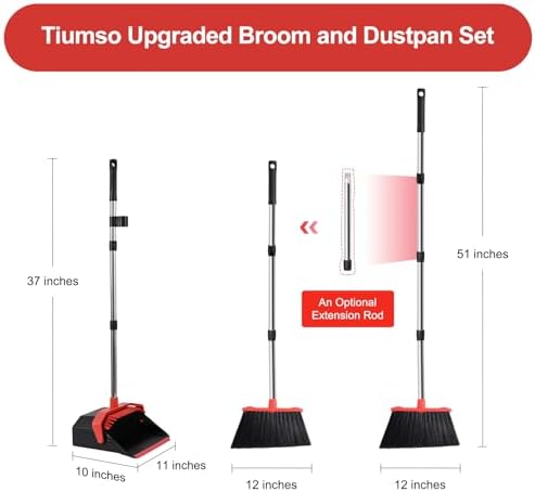 Upgrade Broom with Dustpan Combo Set, Broom and Dustpan Set with 51'' Long Handle, Dust Pan and Brooms, ZeroGap Lip, Self-Cleaning Dustpans Teeth for Lobby Kitchen Restaurant - Black and Red