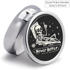 3 Compartment Travel Pill Case, Portable Round Pill Box for Pocket or Purse, Decorative Metal Medicine Vitamin Organizer. (Never Better)