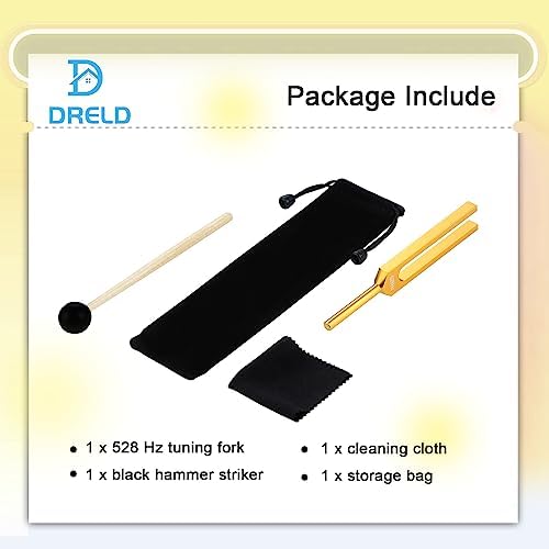 528 Hz Tuning Fork DNA Healing, Chakra, Sound Therapy, Keep Body, Musical Instrument, Meditation, Golden Solfeggio Tuning Forks 528 Hz with Silicone Hammer, Cleaning Cloth and Bag