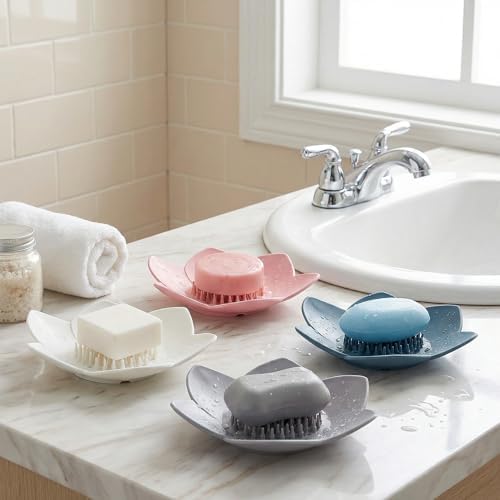 4 Pack Lotus Shower Steamer Trays, Silicone Soap Holder with Self Draining - Elegant Mixed Colors Lotus Flower Shape Soap Dish, Perfect for Bathroom Counter, Kitchen Sink, Shower Organizer
