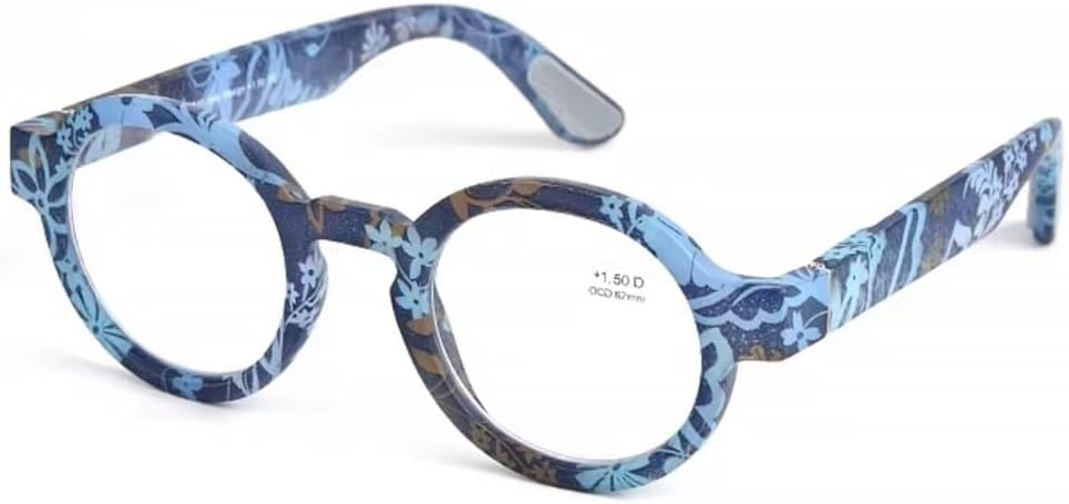 Nerd Reading Glasses +1.5 Round Wizard Readers for Men Women, Vintage Full Frame Eyeglasses TR90 Red Amber(Blue,+2.0)