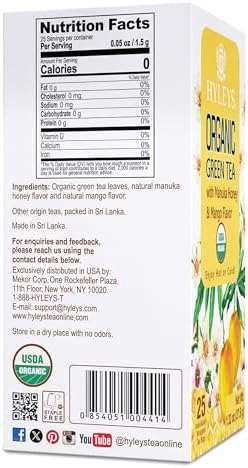 Hyleys Organic Green Tea Manuka Honey and Mango Flavor - 25 Tea Bags