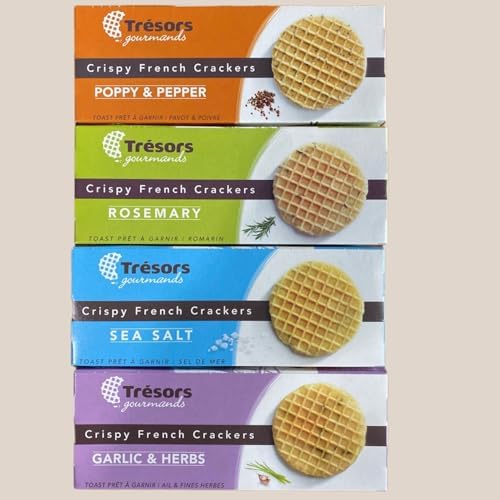 Tresors Crackers Variety Pack - Rosemary Cracked Pepper Sea Salt Garlic Herb Thin Light French Waffle Crisps for Charcuterie Crackers for Cheese & Meat Trays