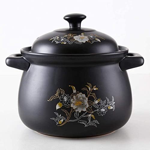 TEmkin Terracotta Stew Pot Clay Casserole Pot Ceramic Casserole - High temperature cooking, even heating and good heat insulation effect-Black_Capacity 3.8L (Black capacity 3.8L)