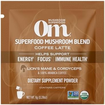 OM MUSHROOM SUPERFOOD Coffee Latte Blend – Functional Mushroom Powder with Lion’s Mane, Cordyceps, Reishi & Chaga – Energy, Focus & Mental Clarity Support – Single Serve Packets (10 Count)