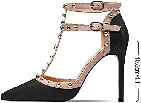 XINIUNIU Stiletto High Heels for Women Studded Heels with Studs Pumps 4 Inch Heeled Sandals Sexy Pointed Toe Ankle-strap Patent Leather Dress Wedding Shoes