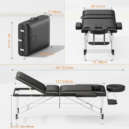 Brelley Massage Table Portable 84" Long 24" Wide Professional 3 Sections Reclining Massage Couch, Aluminum Adjustable Esthetician Bed Tattoo Table SPA Lash Salon Bed with Carrying Bag (Black)