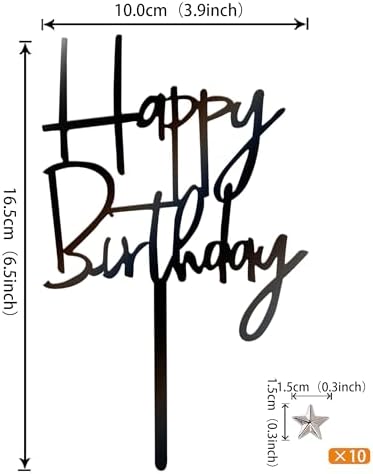 Rsstarxi 11 Pack Black Acrylic Happy Birthday Cake Toppers with Silver Stars Cake Pick for Baby Shower Kids Birthday Party Cake Decorations Supplies