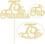 Gyufise 1Pcs 75 & Fabulous Cake Topper Gold Glitter Seventy Five and Fabulous Cake Toppers Happy 75th Birthday Cake Pick for 75th Wedding Anniversary Birthday Party Cake Decorations Supplies