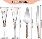 Boao 4 Piece Mr and Mrs Champagne Flutes and Cake Knife Server Set Crystal Wedding Toasting Flutes Rhinestone Cake Cutting Set for Bride and Groom Wedding Engagement Bridal Shower Gifts(Rose Gold)