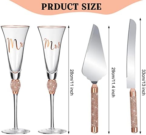 Boao 4 Piece Mr and Mrs Champagne Flutes and Cake Knife Server Set Crystal Wedding Toasting Flutes Rhinestone Cake Cutting Set for Bride and Groom Wedding Engagement Bridal Shower Gifts(Rose Gold)