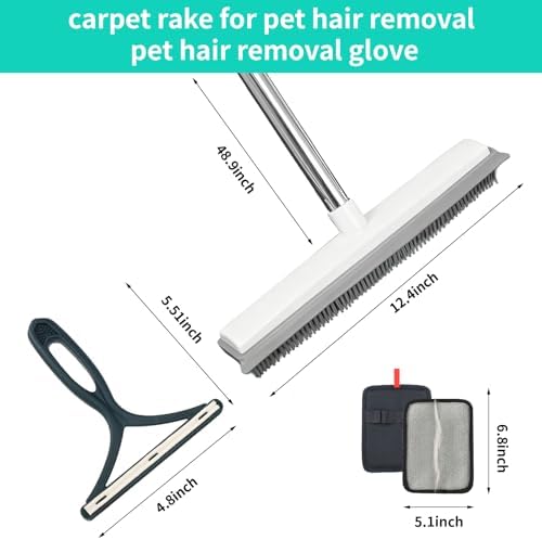 Carpet Rake for Pet Hair Removal, 30-51" Adjustable Stainless Steel Handle Rubber Broom with Squeegee, Reusable Cat & Dog Hair Remover Tool Set for Rugs, Hardwood Floors, Mats, Couch, Car