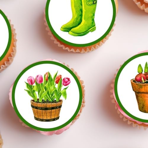 Gardening Edible Cupcake Toppers, Flower Edible Cake Decorations, Plant Toppers for Cake Decorating Garden Party Decorations, Gardeners Cookie Decor 48 x 3cm / 1.18 inch Mini Discs UNCUT