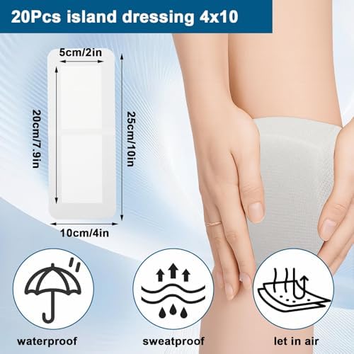 20 Pcs Island Dressing 4x10 Inch Bordered Gauze with Adhesive Border, Individually Packed Non Stick Gauze Pads, Breathable Bandages for Wounds Care and First Aid