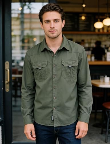 Flygo Long Sleeve Work Shirts for Men Casual Cotton Button Down Western Cowboy Cargo Shirt for Hiking Safari Camping