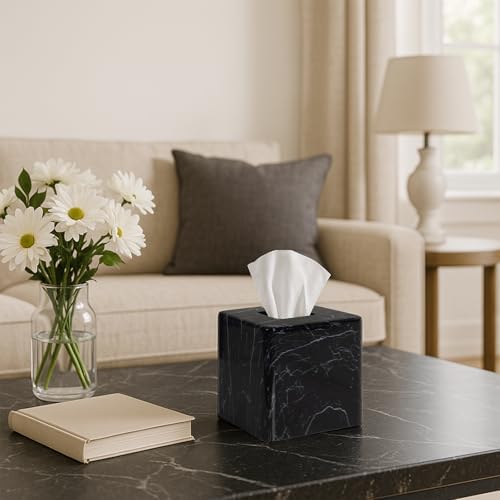 JUNGFORD Square Tissue Box Cover, Resin Facial Napkin Holder with Realistic Black Marble Pattern, Water Transfer Printed for Bathroom, Living Room, Office Decor