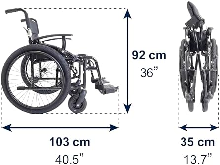 KMINA All Terrain Self Propelled Wheelchair (18 Inch Wide Seat), Folding and Lightweight in Aluminium, Foldable Backrest, Adjustable Armrests, Lap Belt and Hand Brake