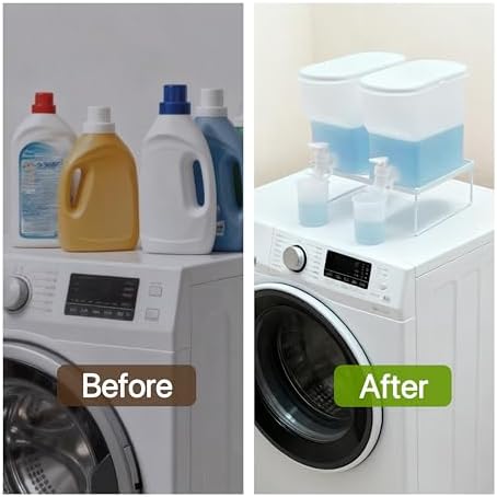 Laundry Detergent Dispenser Set, 100oz (3L) Easy-Pour Leak-Proof Bottles with Spout Plug Caps,Measuring Cups & Stand–2 Refillable Semi-Transparent Soap Containers for Laundry Room Organization