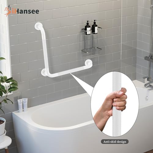 Angled Grab Bar - 16x16 Inch Stainless Steel Knurled Toilet Handles Wall Mounted Bathroom Handicap Safety Rails for Elderly Injured Balance Support, L-Shaped White Grab Bar for Shower