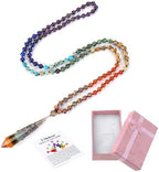 GEHECRST Natural 7 Chakra 108 Mala Prayer Beads Necklace with Reiki Healing Crystal Pointed Pendant 6mm Gemstones Beads Necklace Mens Womens Jewelry for Meditation, Protection