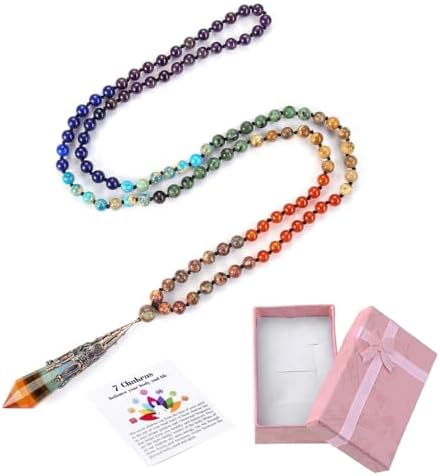 GEHECRST Natural 7 Chakra 108 Mala Prayer Beads Necklace with Reiki Healing Crystal Pointed Pendant 6mm Gemstones Beads Necklace Mens Womens Jewelry for Meditation, Protection