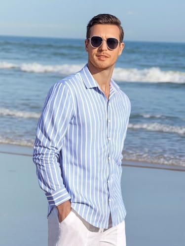 Alex Vando Mens Linen Long Sleeve Casual Button Down Shirt for Men Beach Wedding Shirts