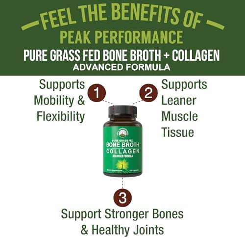 Peak Performance Bone Broth Collagen Capsules - 180 Pills of Grass Fed Bone Broth Collagen Protein Peptides - Contains All 3 Types 1, 2, and 3 - Pure Pasture Raised Paleo Friendly for Women & Men