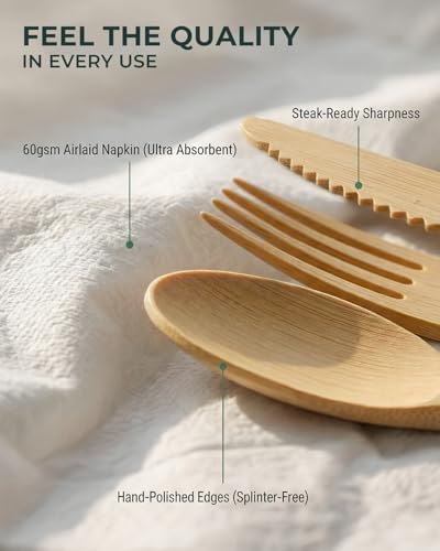 100 Pack Pre-Rolled Bamboo Silverware with Linen-Feel Airlaid Napkins - Heavy Duty Biodegradable Flatware Kit - Compostable Utensils for Weddings, Parties (Plastic Cutlery Alternative)