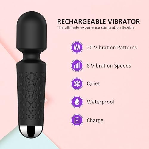 Handheld Cordless Mini Massager, Powerful Quiet with Waterproof, 20 Modes & 8 Speeds Vibration Wand for Back Neck Shoulders, Muscle Soreness Relief & Recovery (Black)