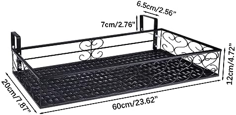 Metal Planter Flower Pot Holder Railing Shelf, Iron Balcony Planters Railing Hanging Bucket Pot Flower Holder with Hooks for Outdoor Garden Porch Patio(Black, 23.6 x 7.8 x 4.7 Inch)