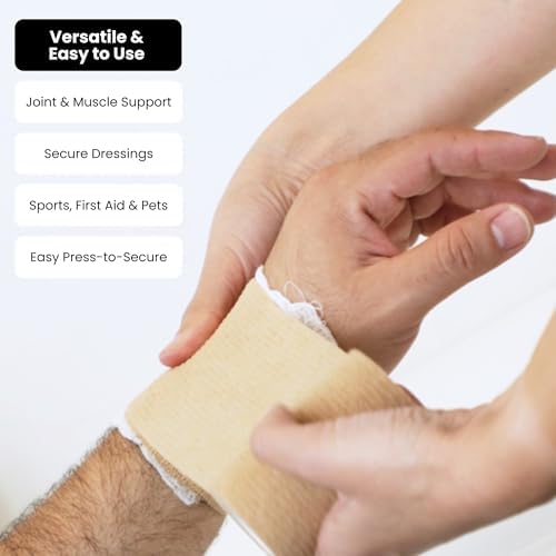 Juvale Cohesive Self-Adhering Elastic Bandage Wrap - Sprain Support & Medical Tape - Vet Wrap for Horses & Horse Leg Support - Sport Tape & Tattoo Bandage - 4 in x 5 yd, Tan, Pack of 6