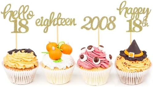 24 Pcs Glitter 18th Birthday Cupcake Toppers for Celebrating 18th Birthday Party Decorations for Eighteen Years Old Birthday Party Supplies (Gold2)
