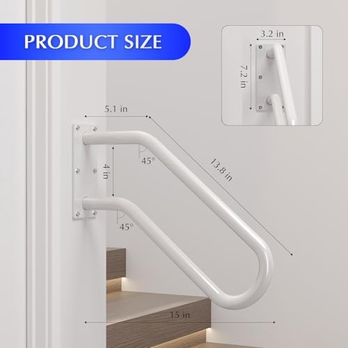 Hand Rails for Outdoor 1-2 Steps, Indoor Stairs, Bathroom, Wall Mount Non-Slip U-Shape Stair Hand Railing White 1 Pack
