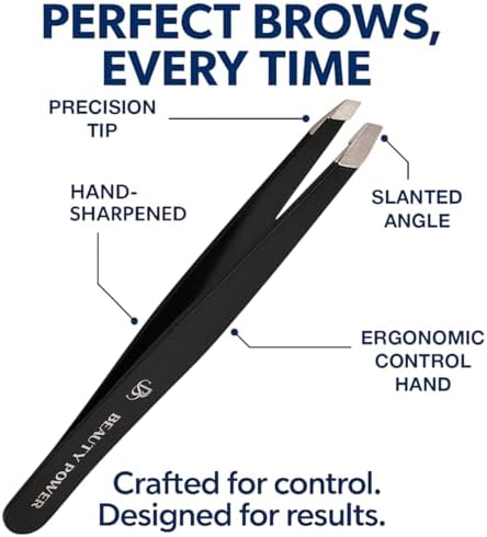 Beauty Power Professional Precision Slant Tweezers for Women Facial Hair - Tweezers for Men & Women, Eyebrow Tweezer for Ingrown Hair Blackhead & Splinter Removal - Gift Idea - Black