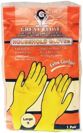 12 Pairs Large Yellow Household Rubber Gloves – Flock Lined, Reusable, Waterproof, Latex Cleaning Gloves for Kitchen, Dishwashing & Janitorial Use