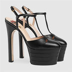 Women's 16Cm Night Club Sexy Platform High Heels T-Strap Closed Toe Slingback Heeled Pump Fashion Pole Dance Show Dress Chunky Heel Shoes with Studded