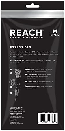 Reach Essentials Toothbrush with Toothbrush Covers, Multi-Angled Medium Bristles, Contoured Handle, Tongue Scraper, 6 Count