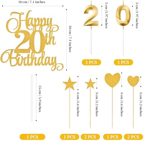 20th Birthday Cake Decorations, 20th Birthday Candles Cake Numeral Candles and Glitter Happy 20th Birthday Cake Toppers Set for Birthday Party Supplies (Gold)