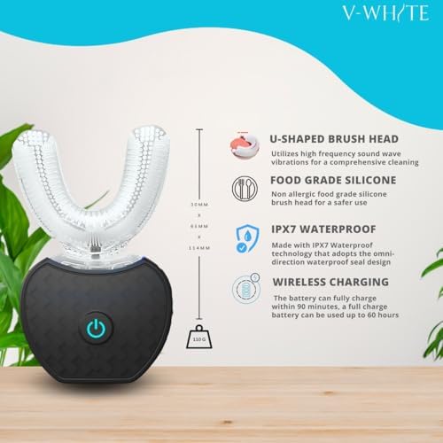 V-WHITE Adults Auto Brush Ultrasonic U-Shaped Toothbrush – 360° Teeth Cleaning, Hands-Free Electric Autobrush – Gum Protection, Waterproof IPX7, Wireless Charging