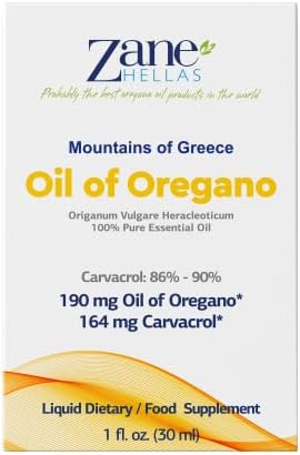 Zane Hellas 190 mg Oregano Oil-164 mg Carvacrol per Serving-4 Drops Daily. 100% Greek Undiluted Oil of Oregano. 86%-90% Min Carvacrol. Probably The Best Oregano Oil in The World. 1 fl. oz.- 30ml