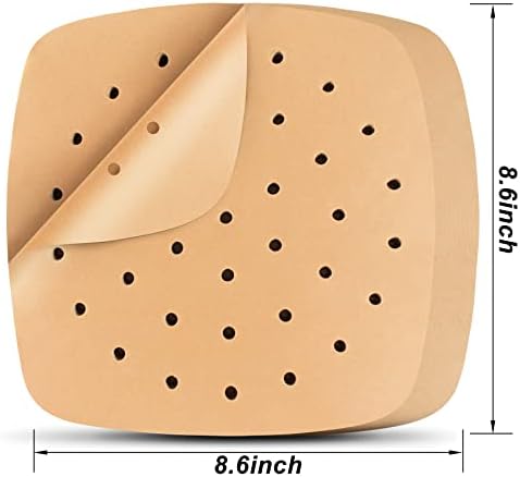 Air Fryer Liners, 200Pcs Square, 8.5 Inch Perforated Parchment Paper Sheets for Baking, HOFHTD Parchment Paper for Air Fryer and Bamboo Steaming Basket (Unbleached)