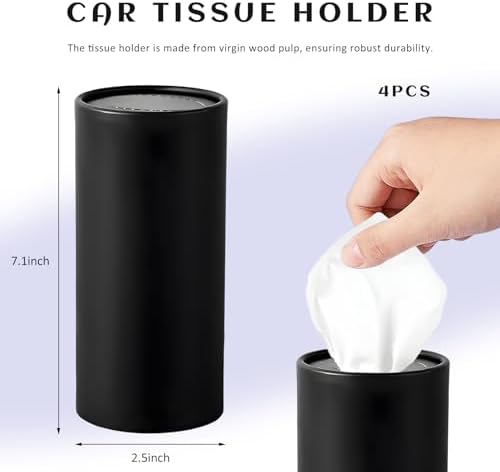 4PCS Car Tissue Holder, Round Tube Car Tissues Box Stylish Cup Holder Decor with Facial Tissues, Portable Cylinder Refillable Paper Napkin Container for Vehicle Home Office (Black)