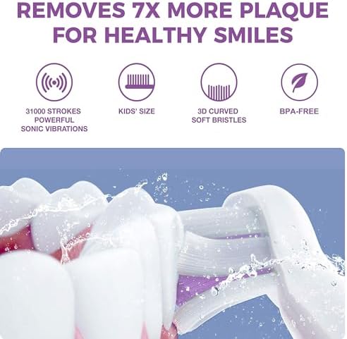 Vekkia Sonic Rechargeable Kids Electric Toothbrush, 3 Modes with Memory, Fun & Easy Cleaning, 24000 Strokes, IPX7 Waterproof, 2-Min Timer for Age 5+, 4 Soft Bristles(Purple)