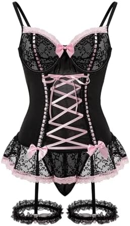 Foxiny Sexy Mesh Corset Ruffle Lace Up Underwire Sheer Garter Belt Babydoll Lingerie Set With Thong 3 Piece Women