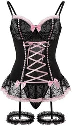Foxiny Sexy Mesh Corset Ruffle Lace Up Underwire Sheer Garter Belt Babydoll Lingerie Set With Thong 3 Piece Women
