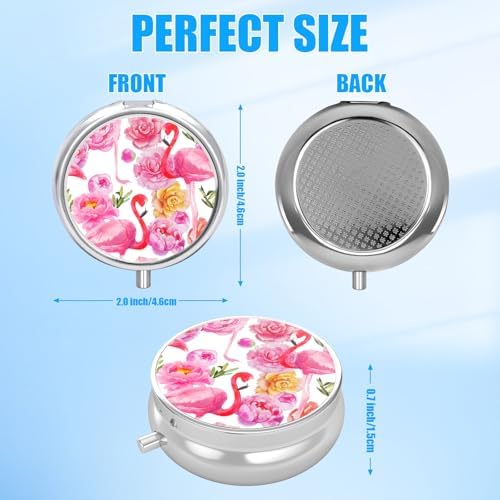 Watercolor Flamingo Rose Pill Case, Pill Box 3 Compartments Metal Small Pill Holder with Mirror Mini Travel Pill Container for Purse Pocket Women Men