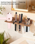 Hair Tool Organizer for Bathroom – Wall Mounted Hair Dryer Holder with Heat-Resistant Cups, Curling Iron & Straightener Rack, Blow Dryer Organizer for Vanity or Wall (Brown)