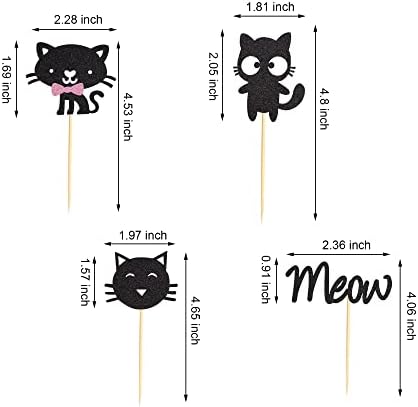 24Pcs Cat Cupcake Toppers Kitten & Meow Cupcake Food Picks - Cat Lover Kitten Theme Baby Shower Kids Birthday Wedding Party Cake Decorations Supplies - Black Glitter