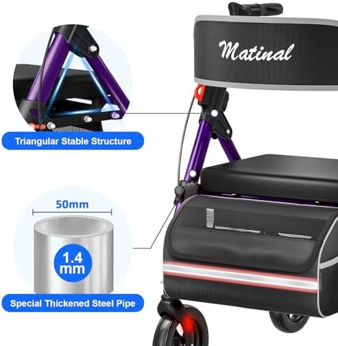 Walkers for Seniors, Rollator Walker with Seat, Walkers for Seniors with seat, 350 lb Capacity,with 8'' Big Wheels, Rolling Walker (Purple)
